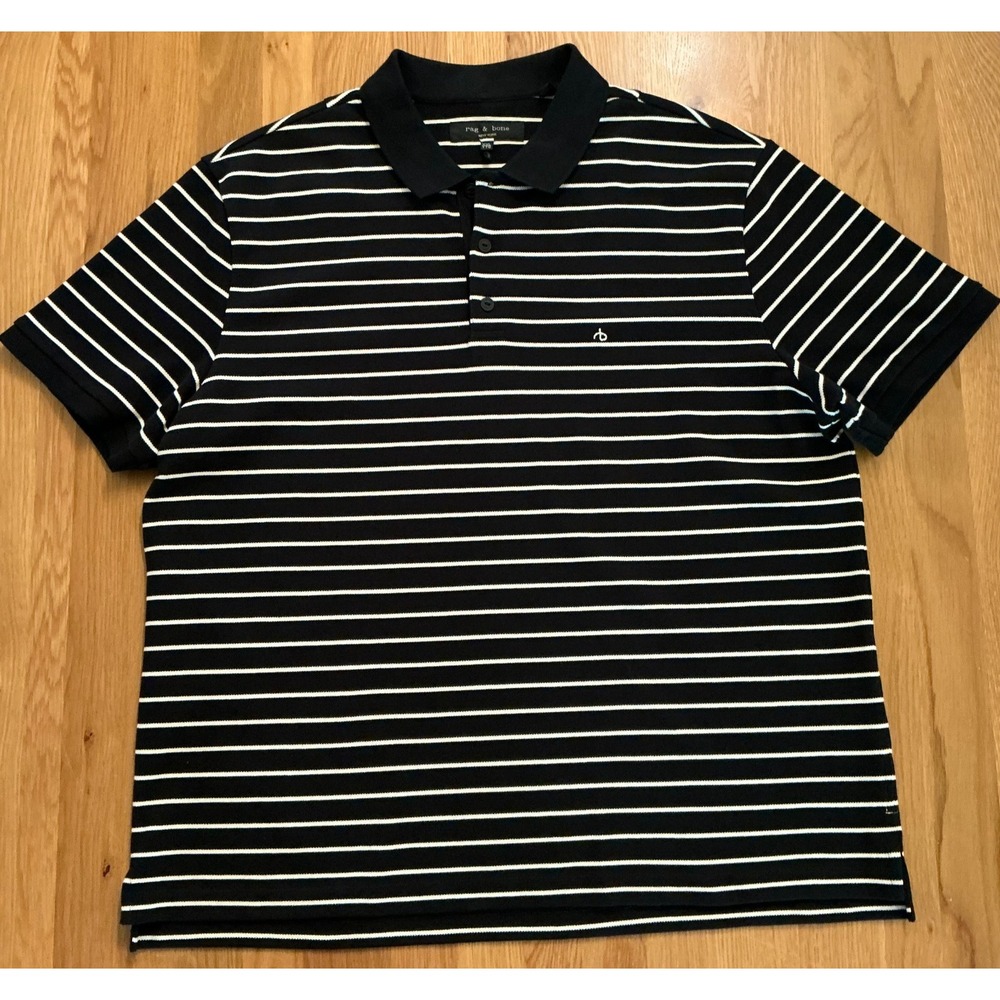 Rag & Bone Mens XXL Navy Blue White Striped Pique Polo Shirt Cotton Stretch